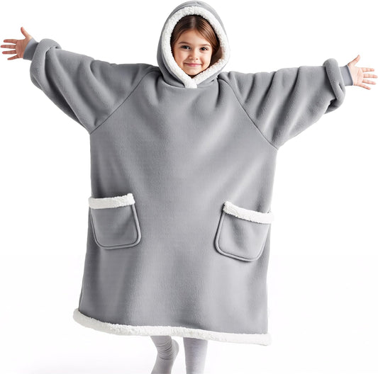 Bedsure Blanket Hoodie, Wearable Blanket for Adults & Kids as Gifts for Women Men, Birthday Gifts for Women Mom Girl Sherpa Oversized Hoodie, Grey, Kids