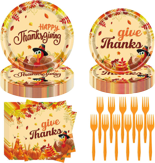 Fall Thanksgiving Party Supplies 96 Pcs Turkey Paper Plates, Napkins, Forks - Pumpkin Autumn Disposable Tableware Set for Harvest Party Decorations