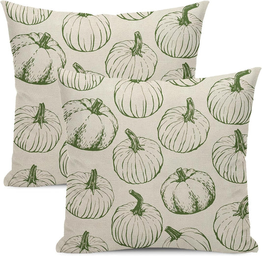 Fall Pillow Covers 18 x 18 Set of 2 Green Pumpkin Autumn Throw Pillow Covers Harvest Thanksgiving Farmhouse Pillowcase Outdoor Decorative Linen Cushion Case Decor for Home Sofa Couch