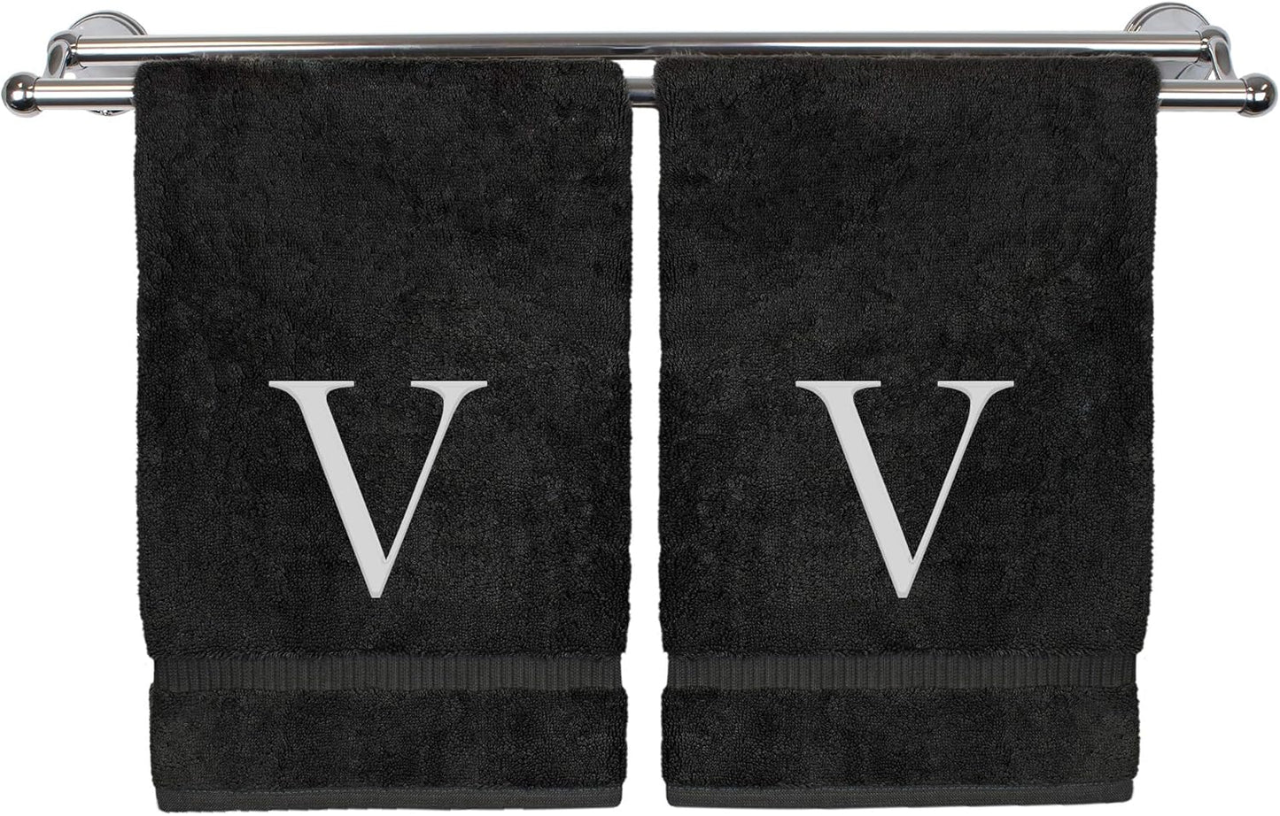 Monogrammed Hand Towel, Personalized Gift, Set of 2- White Block Letter Embroidered Towel - Extra Absorbent 100% Turkish Cotton - Soft Terry Finish - Initial V Black