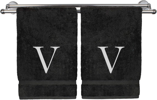 Monogrammed Hand Towel, Personalized Gift, Set of 2- White Block Letter Embroidered Towel - Extra Absorbent 100% Turkish Cotton - Soft Terry Finish - Initial V Black