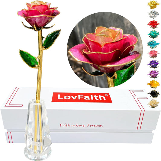 Valentine Gift Real Rose Dipped 24K Gold with Crystal Stand, Best Anniversary Rose Gift for Her Wife Mother Birthday Christmas (C33. Gradient Violet -Thick Gold Blooming)
