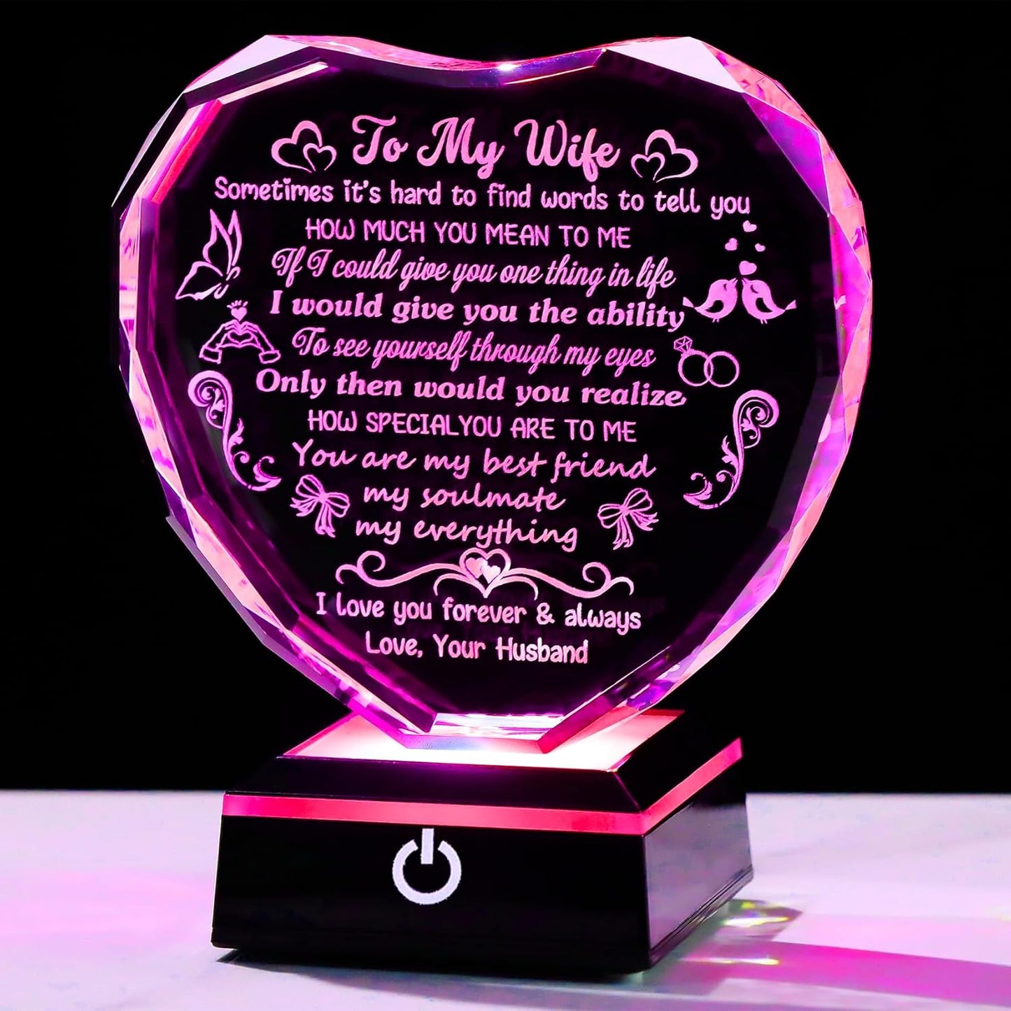 Wife Gifts, Heart Crystal Keepsake Wife Presents with Colorful LED Light Base, I Love You Gifts for Wife from Husband on Christmas Birthday Anniversary Valentine's Day Christmas
