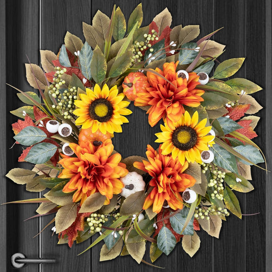 24IN Wreath for Front Door - Autumn Door Wreaths Large Artificial Outdoor Wreath Decor for Window Porch Farm House Home Holiday Hanging Fall Decorations Thanksgiving Harvest Table Centerpiece