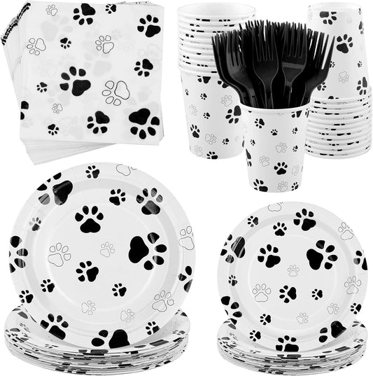 144 Pieces Black Paw Print Party Tableware Sets Including Disposable Plates Napkins Cups Forks Serves 24 for Dog Puppy Theme Party Supplies