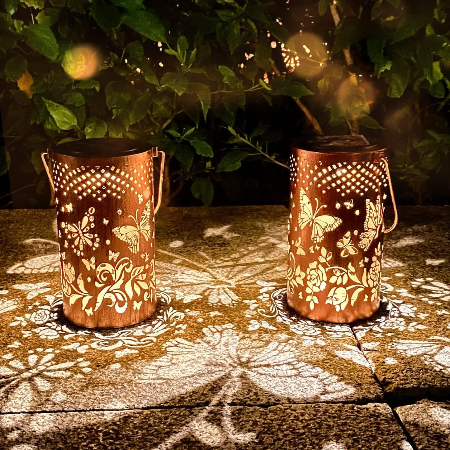 2 Pack Butterfly Birthday Gifts for Women Mom Grandma Solar Lanterns Outdoor Waterproof Garden Decor Metal Hanging LED Decorative Light for Patio Yard Lawn Backyard Front Porch Gardening Gifts