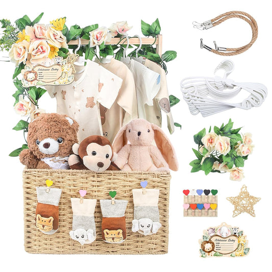 Wooden Baby Shower Crate Closet, Foldable Handwoven Storage Basket for Baby Shower Gifts, Welcome Gift Basket for Newborn Boys Girls, Pregnancy Gifts for New Parents