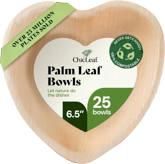 Chic Leaf Palm Leaf Bowls - Mini Disposable Heart Shaped Bamboo Plates - Paper Plates Alternative for Weddings & Parties - Biodegradable & Compostable Party Supplies (6.5'' - 25 Pack)