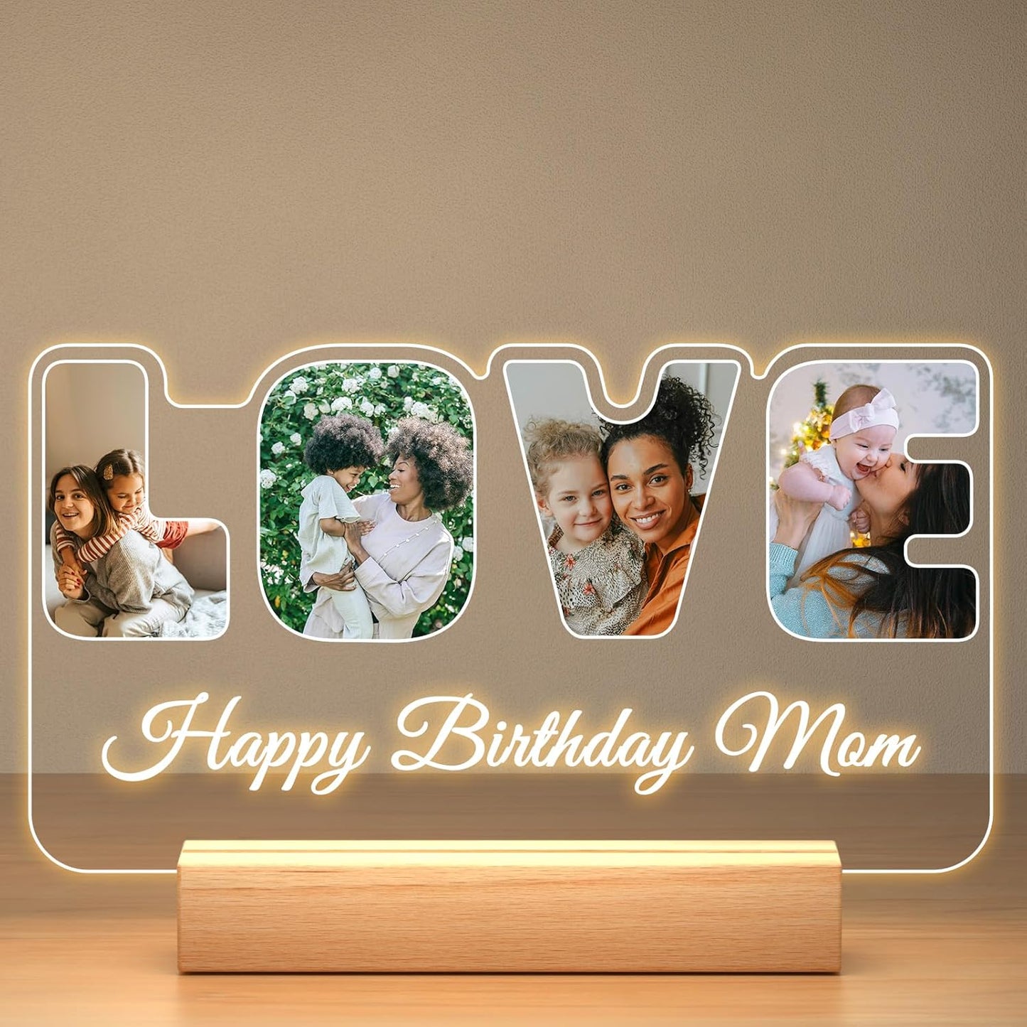 Custom Collage Picture Frames with Photos, Customized LOVE Photo Frame with Night Light, Personalized Birthday Photo Gifts for Women Men Mom Dad Baby Kids Family Friends