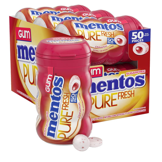 Mentos Pure Fresh Sugar-Free Chewing Gum with Xylitol, Cinnamon, 90% Recyclable Curvy Bottle, 50 Pieces per Bottle, 6 Pack