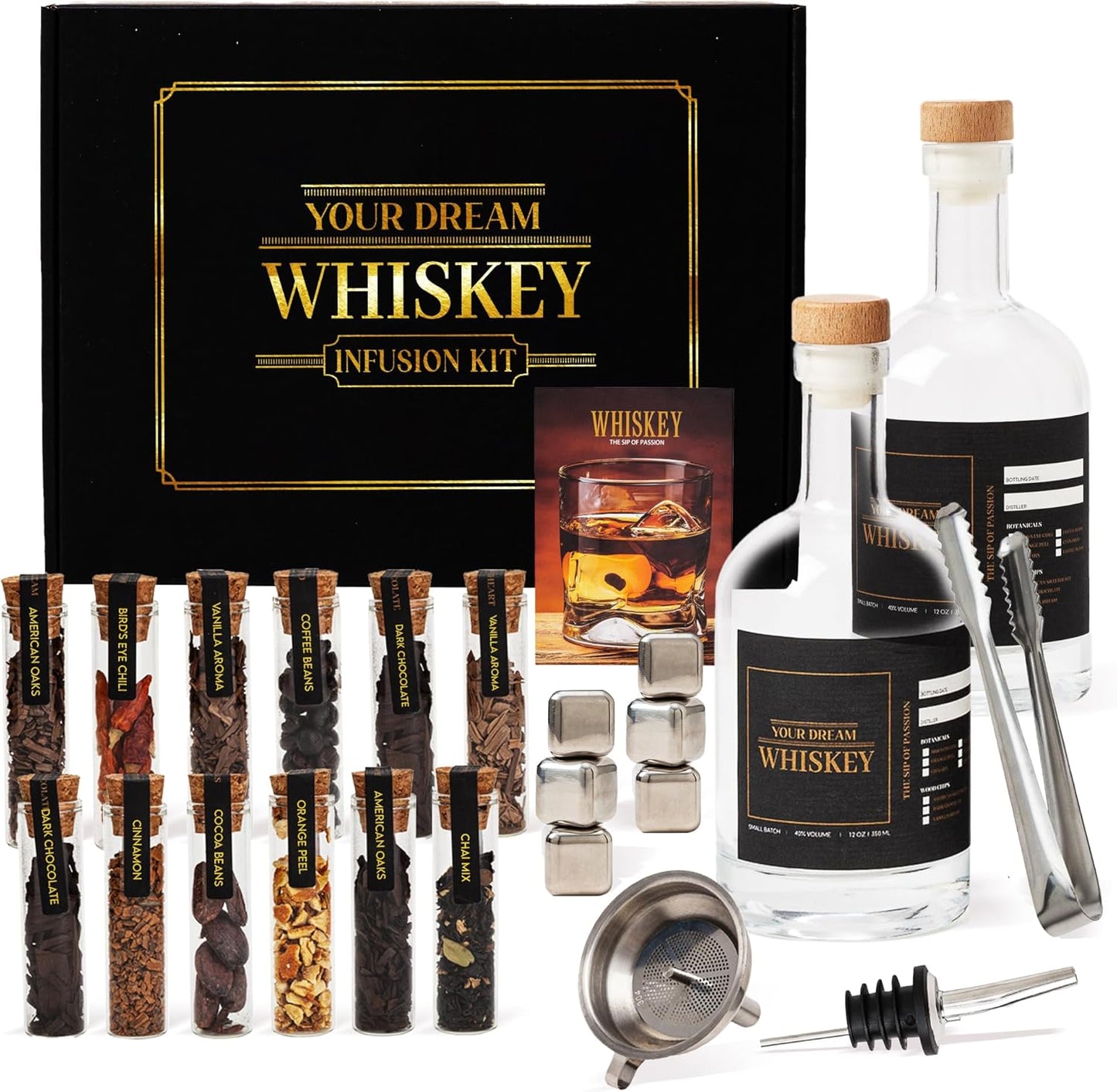 Whiskey Making Kit - DIY Whiskey Gifts For Men Unique - Alcohol Infusion Kit with Bottles, Wood Chips, Botanicals and Stone - Bourbon Birthday Gifts for Men, Dad and Fathers Day - Make Your Own Whisky
