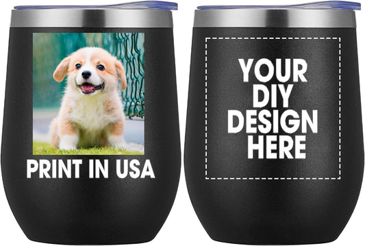 Personalized Custom Wine Tumbler Print in USA 12oz Stainless Steel Travel Coffee Cup with Lid & Straw Double Wall Insulated Mug with Colorful Text Logo Photo