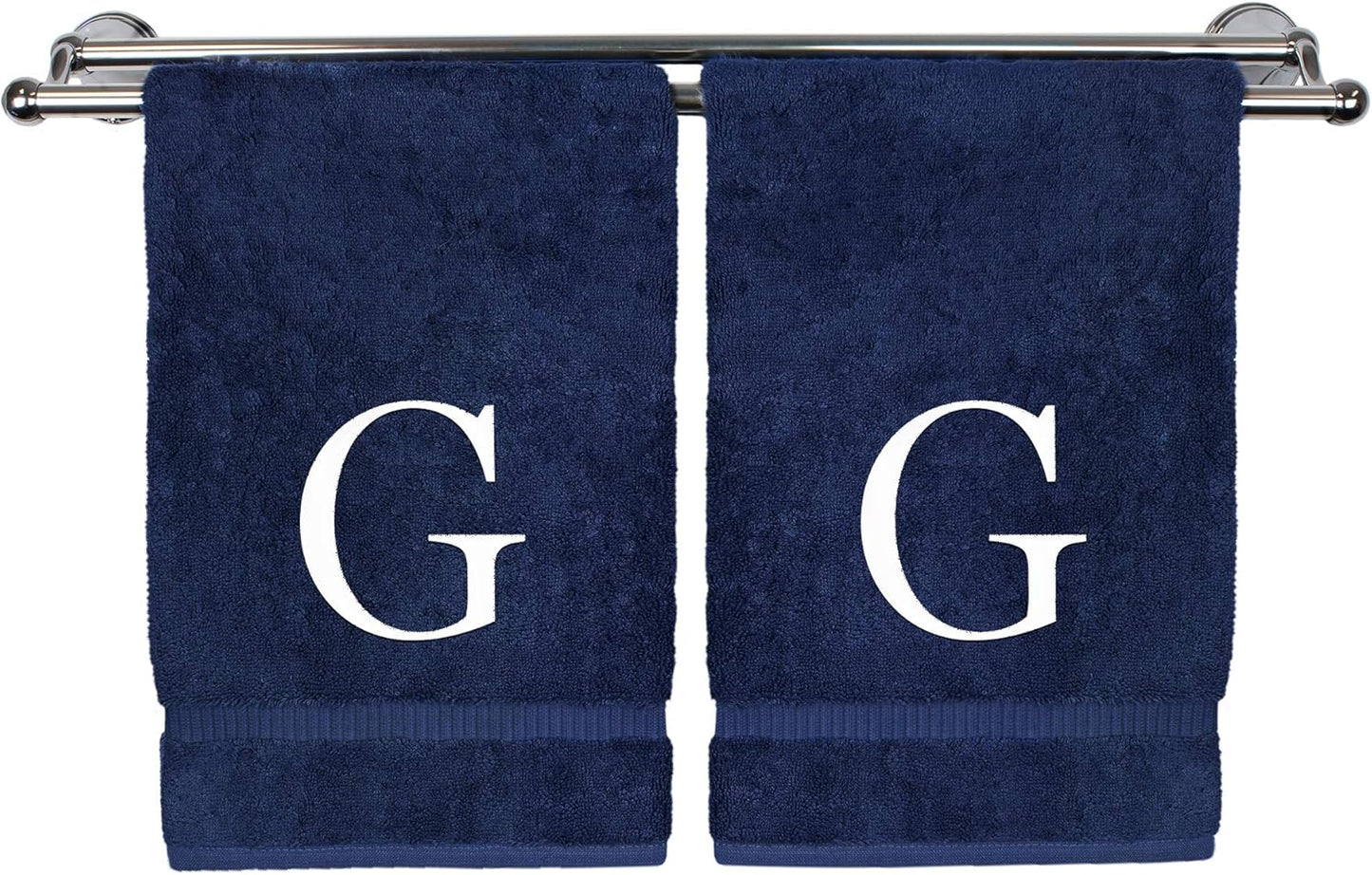 Monogrammed Hand Towel, Personalized Gift, Set of 2- White Block Letter Embroidered Towel - Extra Absorbent 100% Turkish Cotton - Soft Terry Finish - Initial G Navy