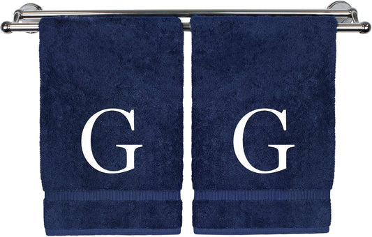 Monogrammed Hand Towel, Personalized Gift, Set of 2- White Block Letter Embroidered Towel - Extra Absorbent 100% Turkish Cotton - Soft Terry Finish - Initial G Navy
