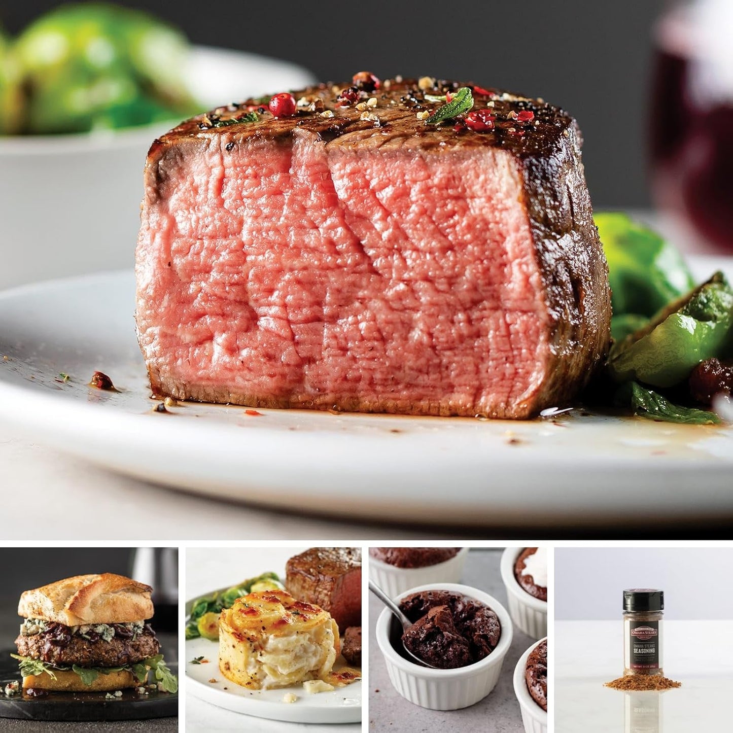 Omaha Steaks Premier Steakhouse Gift Bundle (4x Butcher's Cut Filet Mignons, 4x PureGround Filet Mignon Burgers, 4x Individual Scalloped Potatoes, 4x Individual Chocolate Souffles, 1 jar Omaha Steaks