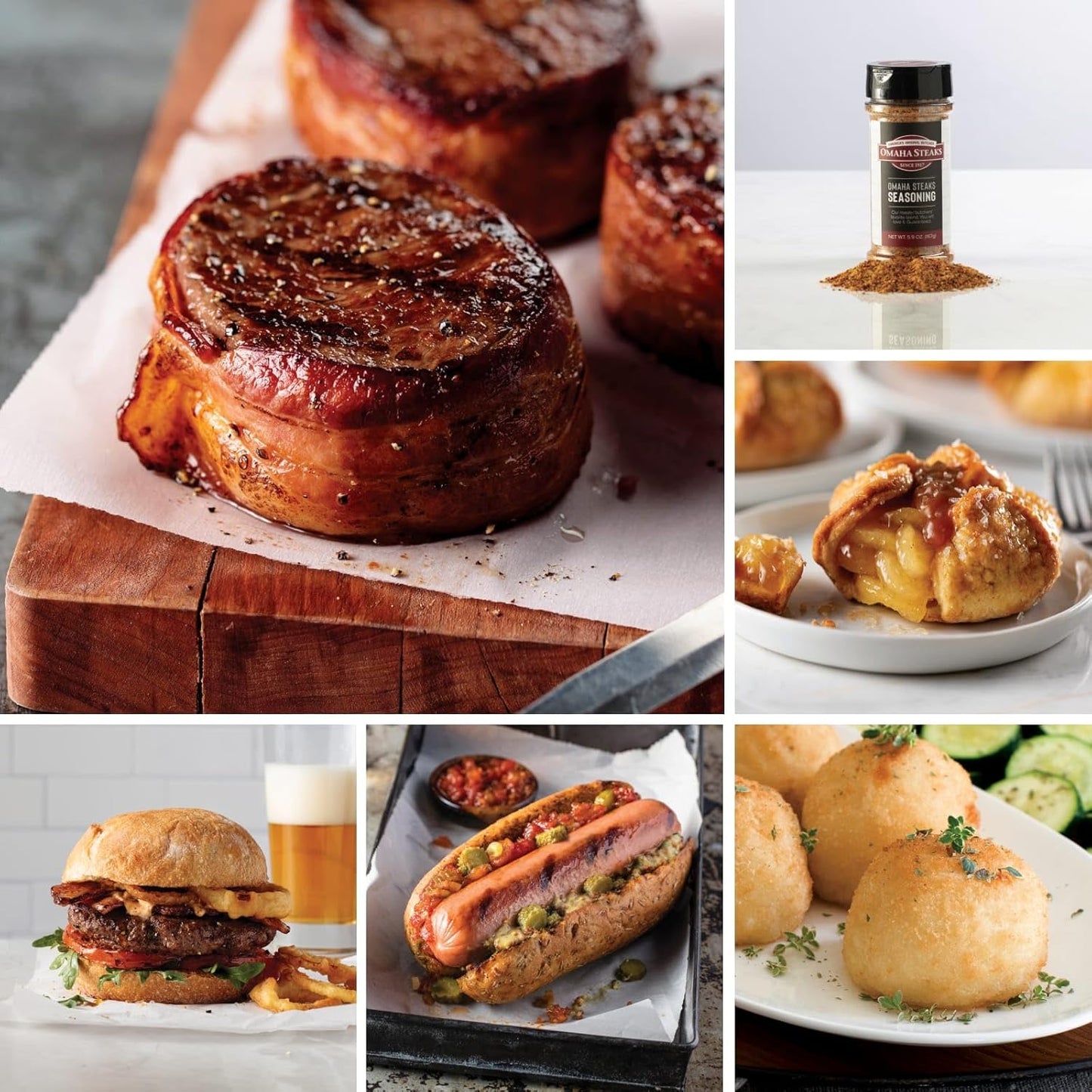 Omaha Steaks Deluxe Ribeye Gift Box (4 Bacon-Wrapped Ribeyes, 4 Omaha Steaks Burgers, 4 Gourmet Jumbo Franks, 4 Potatoes au Gratin, 4 Caramel Apple Tartlets, 1 jar Seasoning)