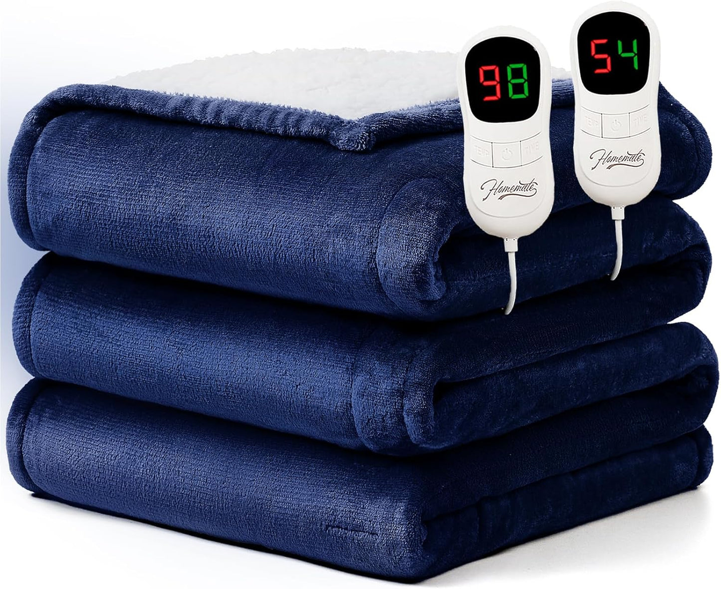 Homemate Electric Heated Blanket Queen Size - 84"x90" Heating Blanket Queen Size Dual Control 1/2/4/6/8 Hours Auto-Off 10 Heat Level Over-Heat Protection Flannel Sherpa ETL Certification