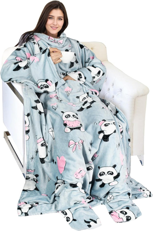 Catalonia Panda Print Wearable Blanket with Sleeves and Foot Pocket – Ultra-Soft Warm Fleece Long Throw Snuggle Blanket for Sleeping & TV Time – Cozy Christmas Gift for Women & Men