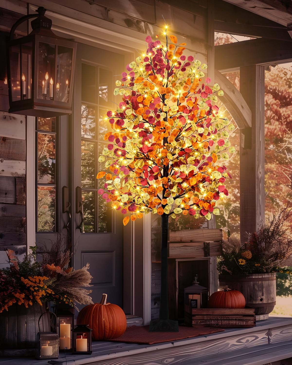 7FT Lighted Fall Eucalyptus Tree Artificial Autumn Tree 128 LED Lights Thanksgiving Eucalyptus Leaves Tree for Fall Wedding Party Harvest Home Indoor Decor