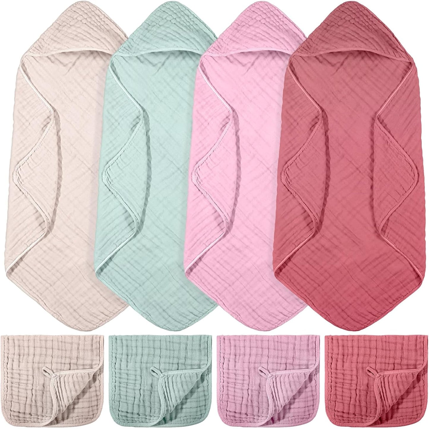 8 Pcs Baby Muslin Hooded Bath Towels and Washcloths, 32 x 32 Inch Muslin Cotton Hooded Baby Towels Absorbent Blankets for Gift Newborn Infant Shower (Vivid Color)