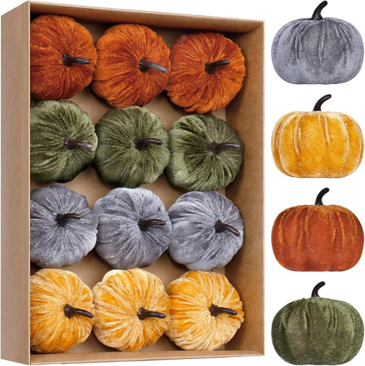 Super Holiday 12PCS Artificial Velvet Pumpkins Decorations, 4 Colors Foam Faux Flocked Pumpkins for Fall Harvest Theme Party Wedding Halloween Thanksgiving Table Decor