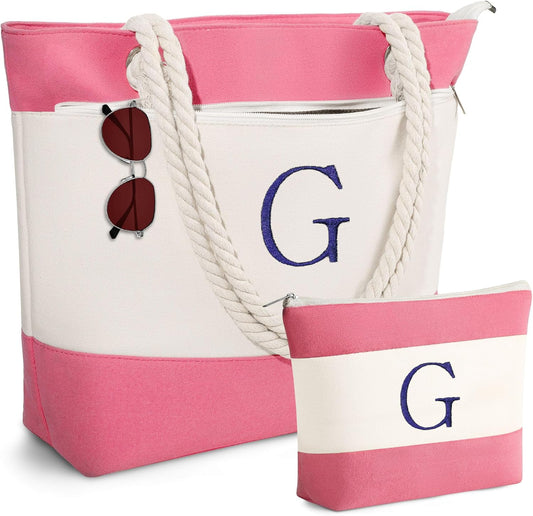 YOOLIFE Beach Bags for Women - Initial Canvas Tote Waterproof Bag with Makeup Bag Gifts for Women Mom Friend Birthday Her