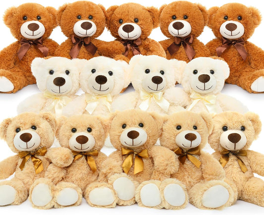 MorisMos 14 Piece Teddy Bears Bulk Baby Shower,14 Inch Cute Teddy Bear Stuffed Animals Plush,Small Stuffed Bears,Centerpiece Decoration,Brown,White,Dark Brown