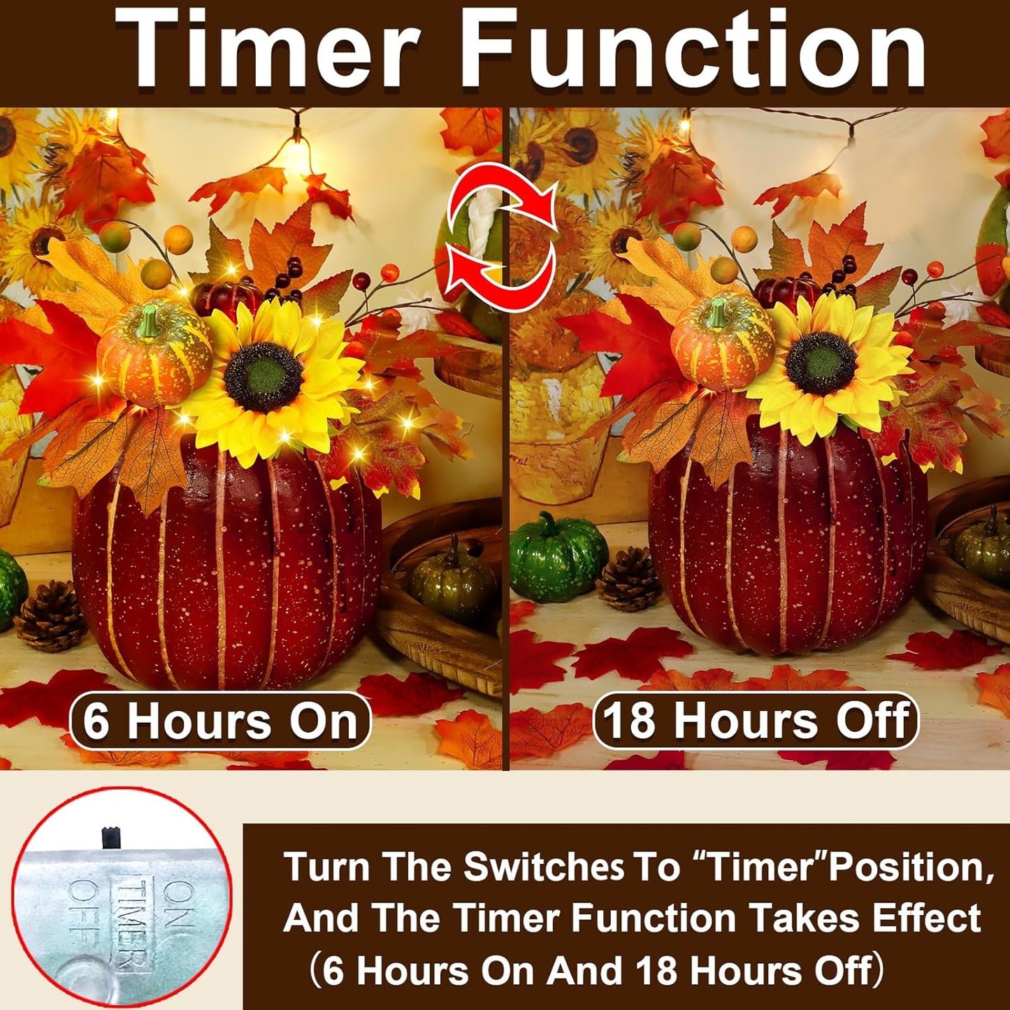 [ Timer & Prelit ]10 Inch Large Lighted Fake Pumpkin Fall Decoraitons for Home, Fall Table Decor Maples Leafed Pumpkins Sunflower Berried Battery Operated Fall Thanksgiving Decorations for Home Indoor