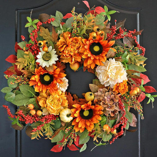 Fall Wreaths for Front Door 24 Inch Autumn Wreath with Sunflowers,Peonies,White Pumpkins,Eucalyptus Leaves & Berries– Thanksgiving Harvest Door Décor for Indoor Outdoor Front Porch