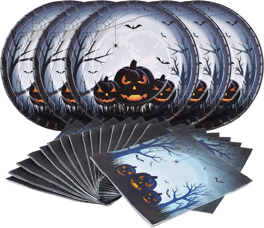 Gatherfun Halloween Party Supplies Anger Black Pumpkin Disposable 10 inch Big Paper Plates and Paper Napkins for Spooky Halloween Party Decorations Serve 16