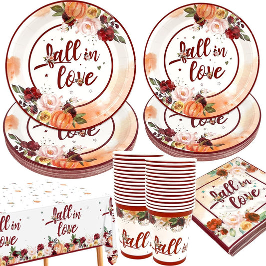 Zhynice Fall in Love Bridal Shower Decorations 121 Pcs Fall Wedding Disposable Autumn Floral Pumpkin Plates and Napkins Cups Tablecloth for Fall Theme Wedding Engagement Supplies 30 Guest