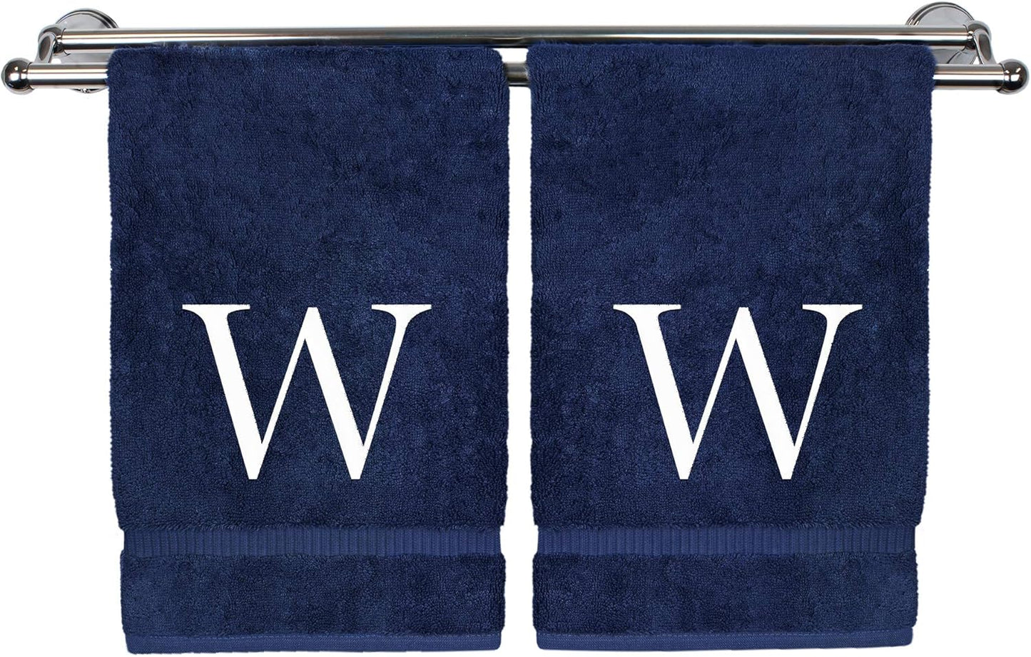 Monogrammed Hand Towel, Personalized Gift, Set of 2- White Block Letter Embroidered Towel - Extra Absorbent 100% Turkish Cotton - Soft Terry Finish - Initial W Navy