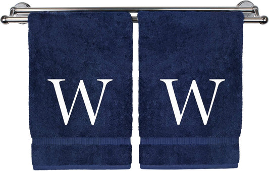 Monogrammed Hand Towel, Personalized Gift, Set of 2- White Block Letter Embroidered Towel - Extra Absorbent 100% Turkish Cotton - Soft Terry Finish - Initial W Navy