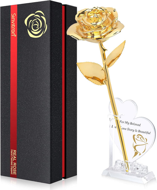 Sinvitron Gold Dipped Rose Real 24K Gold Rose, Hand Dipped One of a Kind Golden Roses, Romantic Gifts for Women on Birthday, Anniversary, Mother’s Day (Gold)