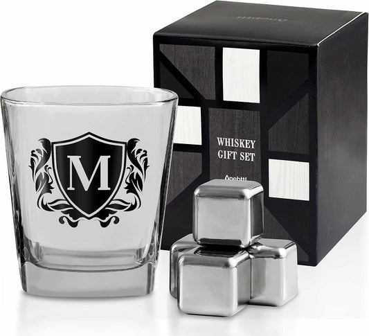 Whisky Gifts for Men, Personalized Initial Whiskey Glass with Whiskey Stones for Dad, Boyfriend, Best Friends, Coworkers, Husband, Brother, Uncle and Boss on Father's Day, Boss Day and Birthday - M