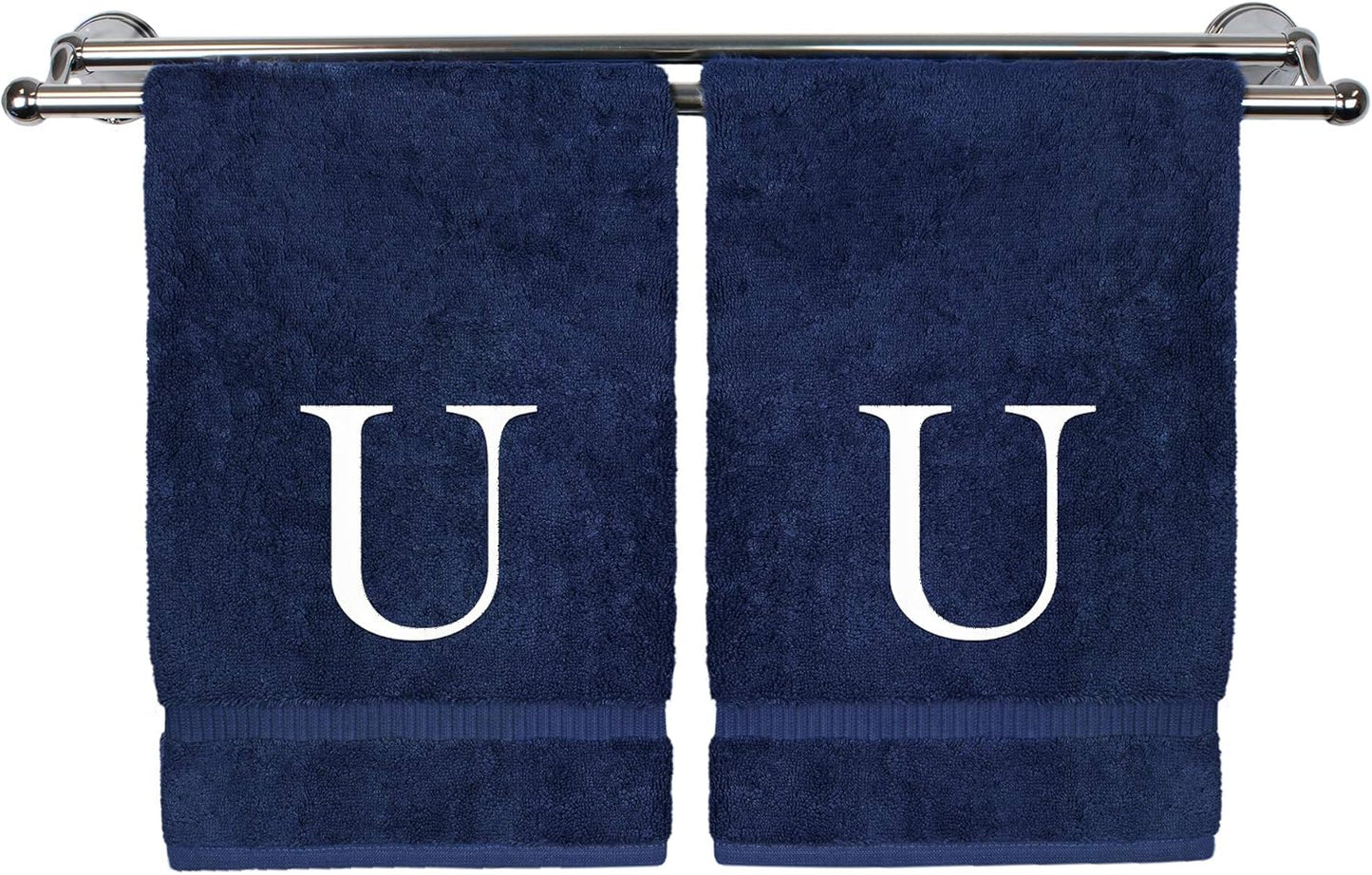 Monogrammed Hand Towel, Personalized Gift, Set of 2- White Block Letter Embroidered Towel - Extra Absorbent 100% Turkish Cotton - Soft Terry Finish - Initial U Navy