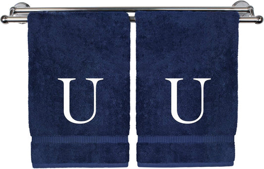 Monogrammed Hand Towel, Personalized Gift, Set of 2- White Block Letter Embroidered Towel - Extra Absorbent 100% Turkish Cotton - Soft Terry Finish - Initial U Navy
