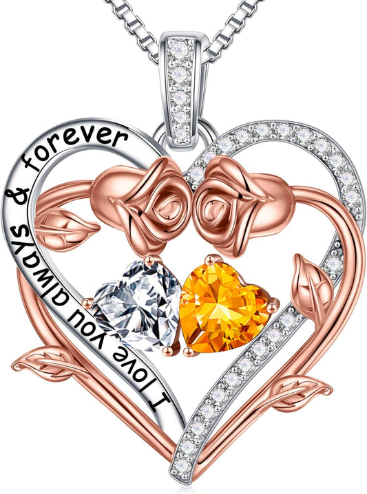 Iefil Rose Heart Double Birthstone Necklace Gifts for Wife Her Mom Women, Birthstone Jewelry Gemstone Birthday Gifts for Girlfriend Grandma Her Wife Women