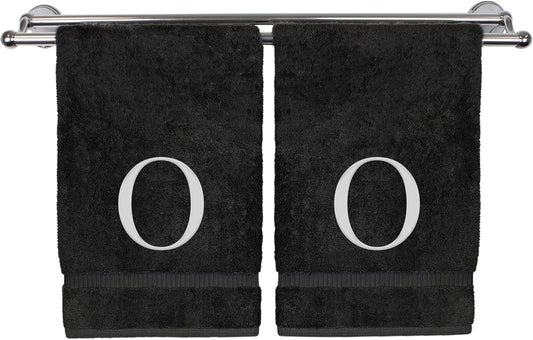 Monogrammed Hand Towel, Personalized Gift, Set of 2- White Block Letter Embroidered Towel - Extra Absorbent 100% Turkish Cotton - Soft Terry Finish - Initial O Black