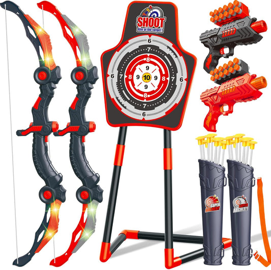 GMAOPHY 2 Pack Bow and Arrow Toy for 5 6 7 8 9 10 11 12 Year Old Boys, Birthday for Kids, Indoor Outdoor Sport Games Toys for Ages 4-8 8-12, LED Light Up Archery Set with 20 Toy Arrows (Red)