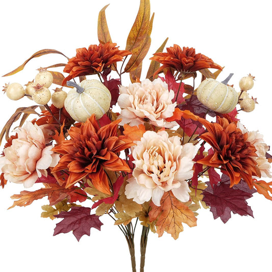 2 Bundles Fall Cemetery Flowers for Grave Fake Fall Flowers Mixed Bush Artificial Dahlia with Pumpkins Silk Floral Arrangement for Autumn Party Wedding Home Thanksgiving Decor (19.29")