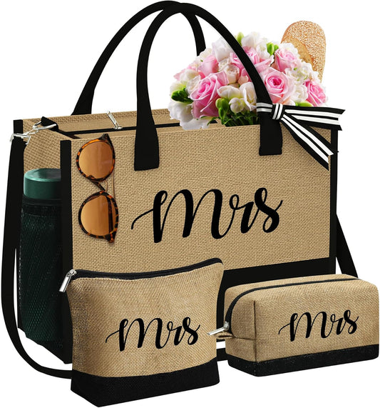YOOLIFE Gifts for Women - Initial Jute Tote Bag & 2 Makeup Bags Personalized Gifts for Women Teacher Mom Friend Birthday