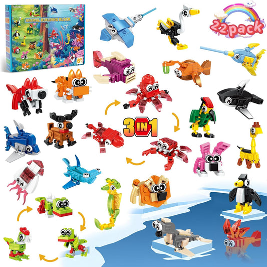 Party Favors for Boys Girls Ages 6 8 10 12, 22 Pack Animals Building Block Toy Stocking Stuffers Classroom Prizes Goodie Bags Fillers Building Set, Valentines Day Christmas Birthday Gifts for Kids