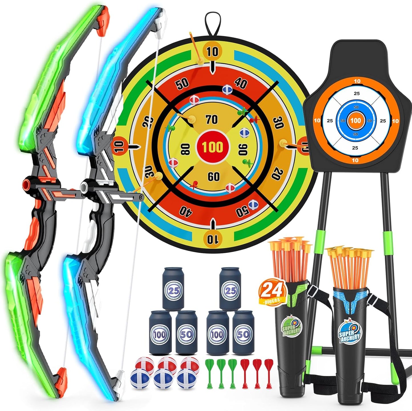 2 Pack Kids Bow and Arrow with 29" Large Dart Board, LED Light Up Archery Set with 24 Suction Cup Arrows, Indoor Outdoor Sport Toys Gifts for 3 4 5 6 7 8 9 10 11 12 Year Old Boys Girls