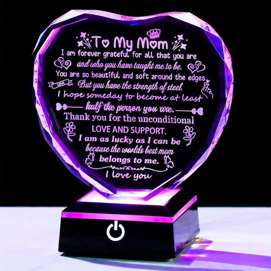 Meaningful to My Mom Gifts from Daughter Son, Heart Crystal Plaque Keepsake Presents for Mother with Colorful LED Light Base, Gifts for Mom on Christmas Birthday Valentine's Day Mother's Day