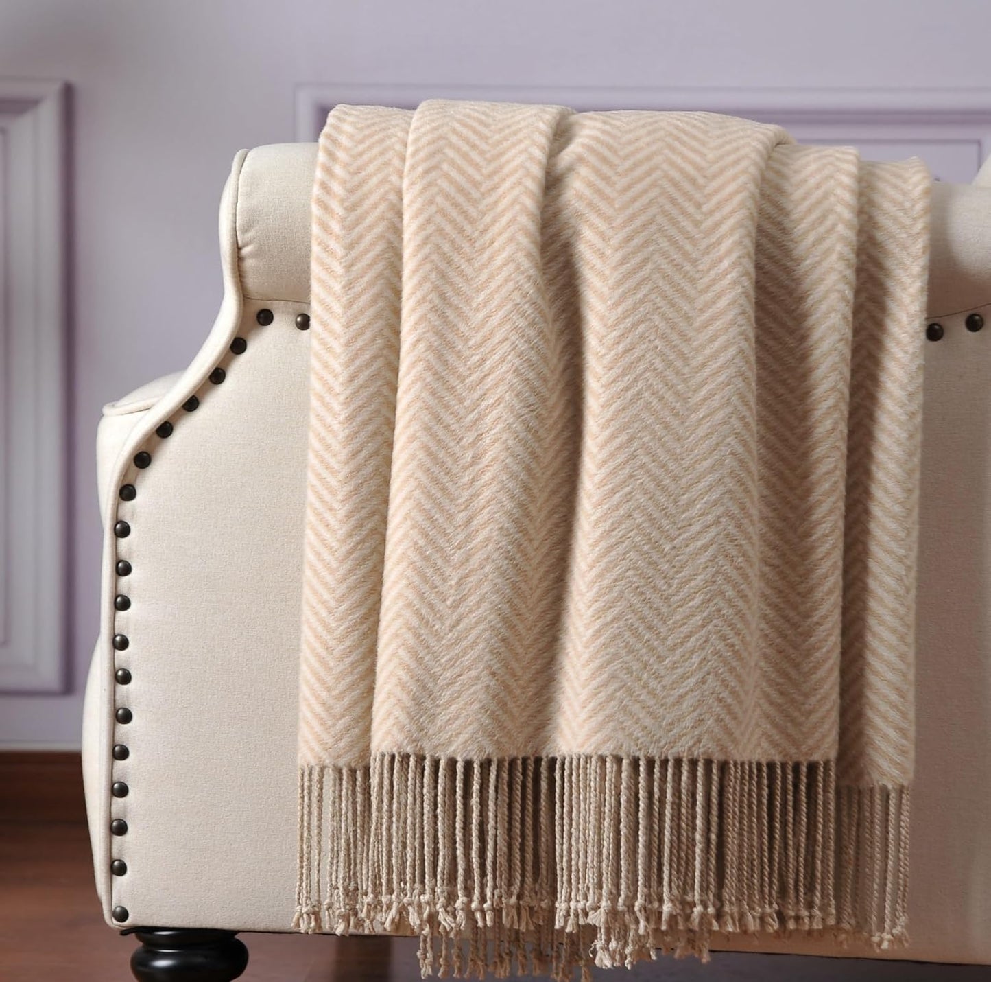 CUDDLE DREAMS Silk Throw Blanket with Hand-Knotted Fringe, Natural, Soft & Breathable (Herringbone-Taupe)