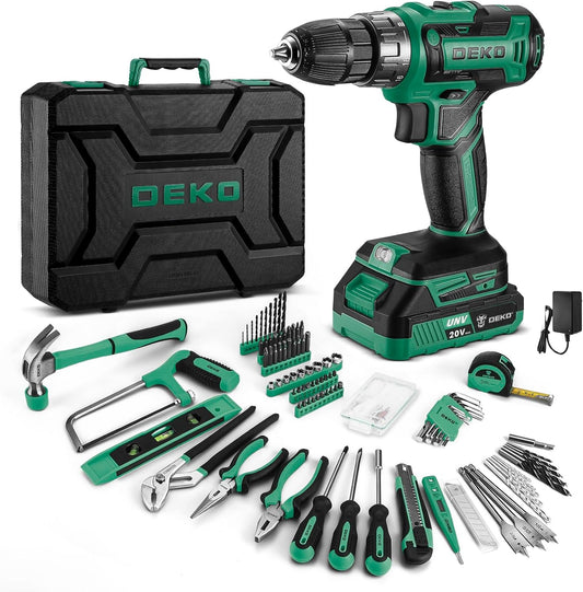 Green Drill Tool Kit Set: 20V Cordless Power Drill Tool Box with Battery Electric Drill Driver for Men Home Hand Repair Basic Toolbox Tools Sets Drills Case
