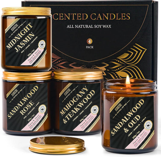 Men Candles Set, 4 Pack Scented Candle Set Gifts for Men - Long Lasting Candles for Home Scented, Gift for Dad, Boyfriend, Birthday, Anniversary - Jasmin/Oud/Sandalwood/Mahogany