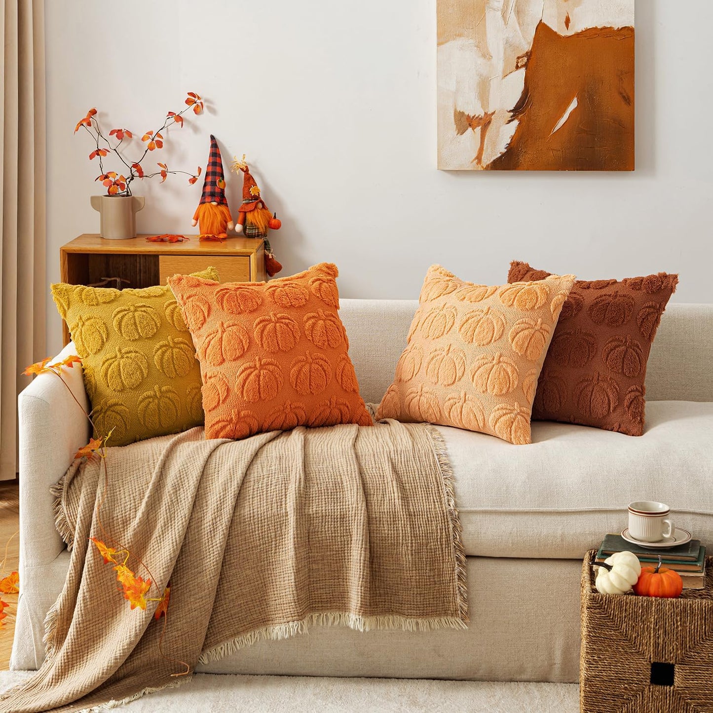 MIULEE Fall Pumpkin Pillow Covers 18x18 Inch Set of 4 - Soft Cozy Plush Decorative Pillows with Embroidered Pumpkin Pattern Autumn Halloween Holiday Decor for Sofa Couch Bed Living Room,Rust-Orange