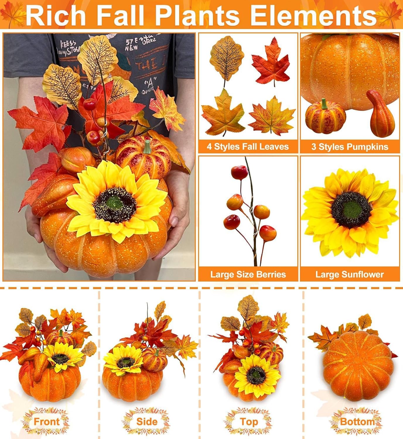 [Timer & Prelit] Thanksgiving Decorations Fall Decorations for Home, Artificial Fake Pumpkin with Maples Leaves Sunflower Berried 20 LED Lights Halloween Fall Centerpieces for Tables Home Porch Indoor